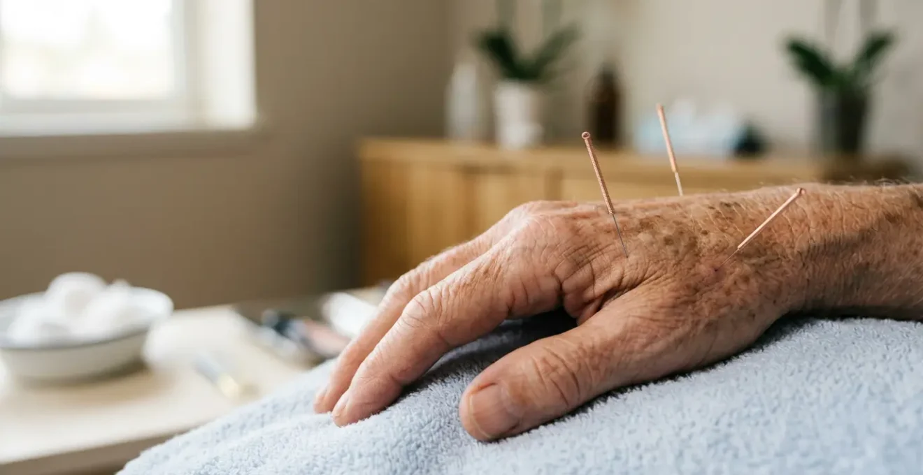 Close examination of clinical acupuncture treatment showing thin needles on human skin with natural lighting emphasizing medical precision and scientific approach