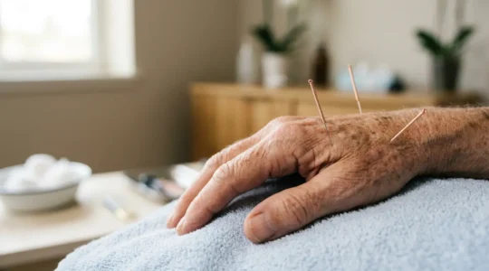 Close examination of clinical acupuncture treatment showing thin needles on human skin with natural lighting emphasizing medical precision and scientific approach