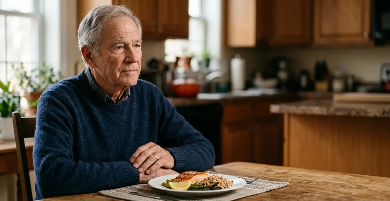 Older adult at dining table with nutritious protein-rich meal highlighting muscle health challenges after age 70