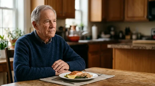 Older adult at dining table with nutritious protein-rich meal highlighting muscle health challenges after age 70