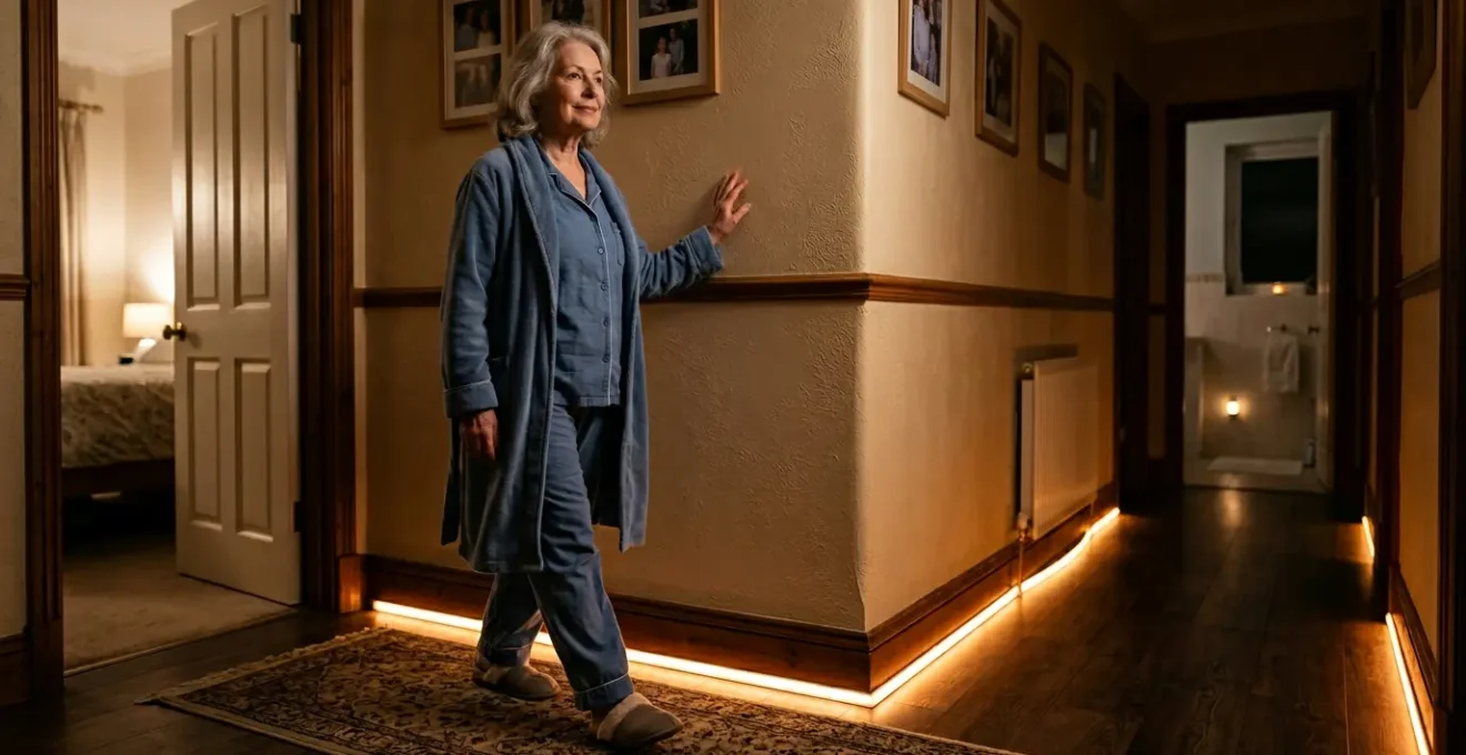 Elderly person safely walking in warmly lit hallway at night with motion-activated pathway lighting