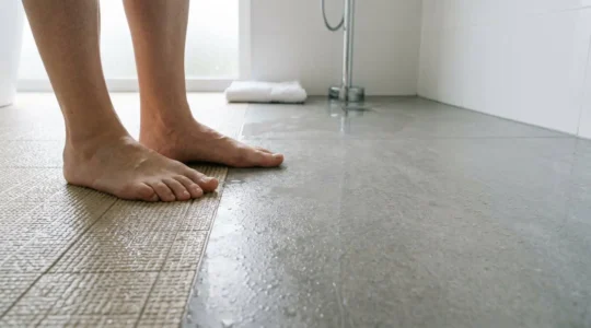 Close-up of a modern bathroom floor showing subtle water droplets on a seemingly safe surface, emphasizing hidden slip risks for seniors