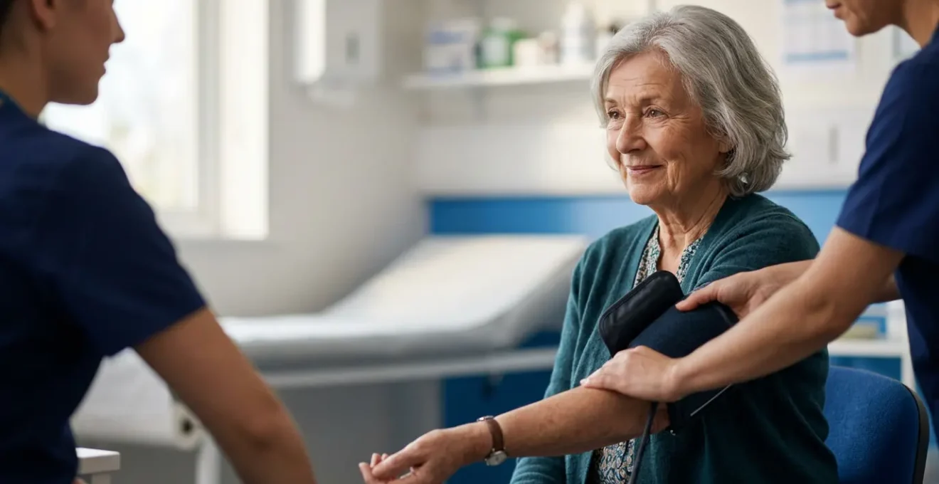 Senior British patient having blood pressure checked during NHS health screening appointment, demonstrating early detection and preventive healthcare