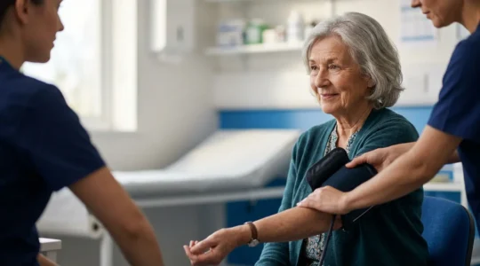 Senior British patient having blood pressure checked during NHS health screening appointment, demonstrating early detection and preventive healthcare