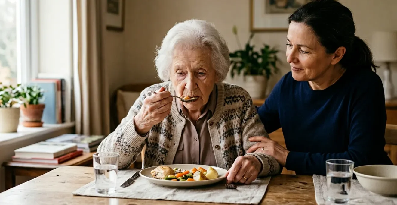 Senior adult experiencing difficulty during mealtime with concerned caregiver assistance