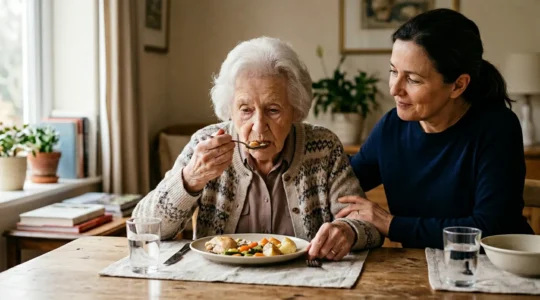 Senior adult experiencing difficulty during mealtime with concerned caregiver assistance