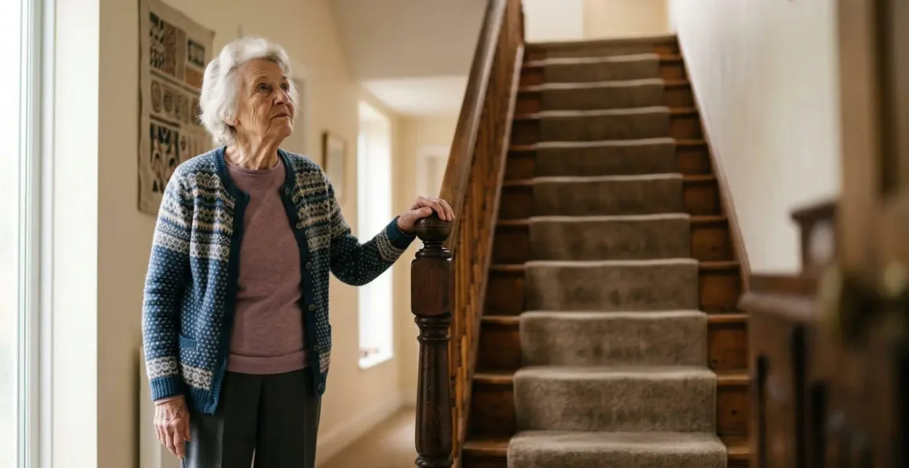 Senior standing at the base of a staircase, symbolizing the mobility challenge of aging in place