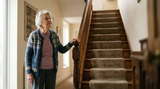 Senior standing at the base of a staircase, symbolizing the mobility challenge of aging in place