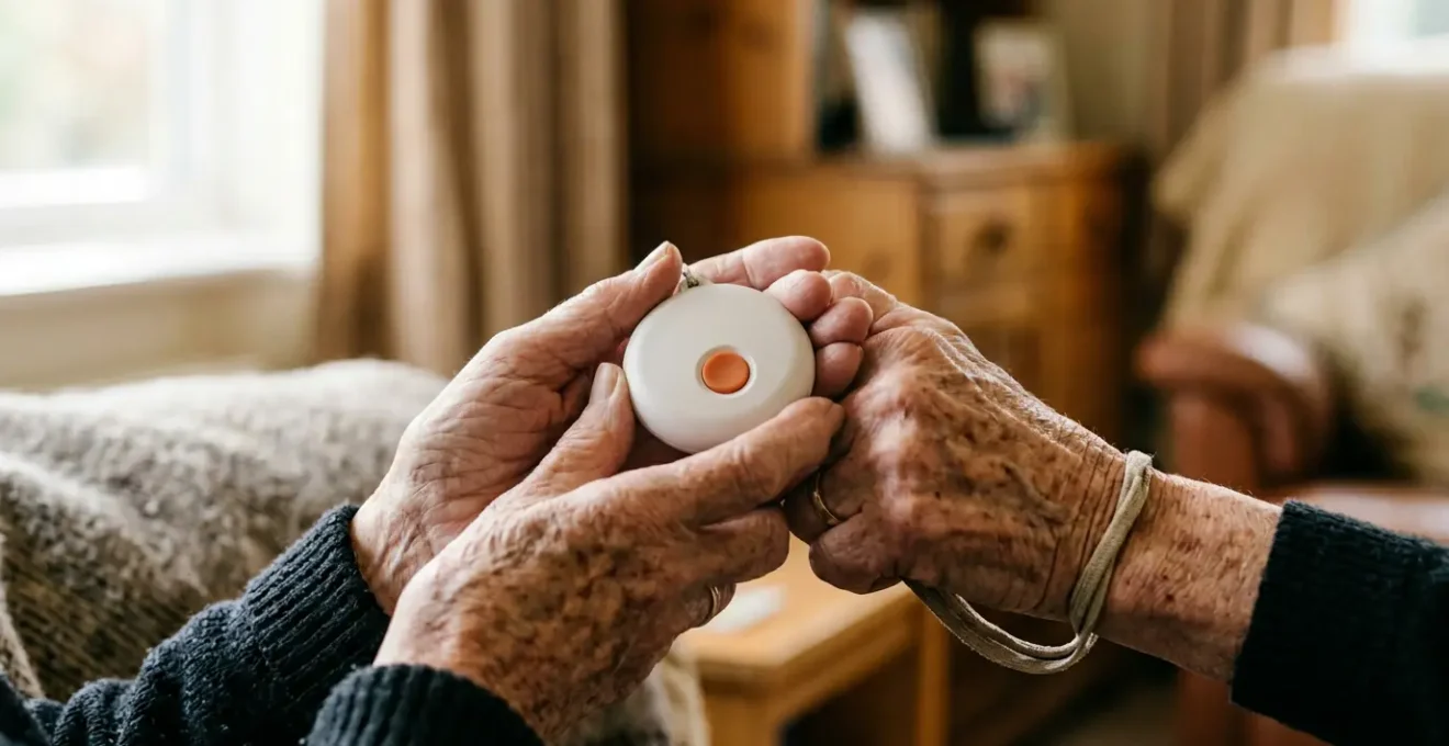 Close-up view of senior holding a personal alarm pendant button in natural home lighting