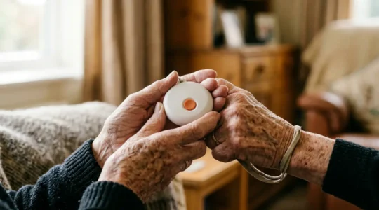 Close-up view of senior holding a personal alarm pendant button in natural home lighting