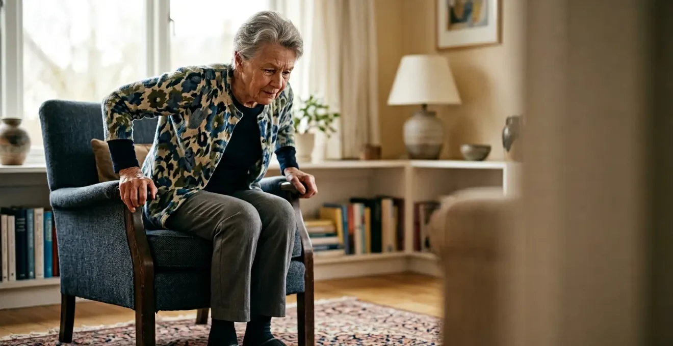 Senior adult experiencing difficulty rising from chair, depicting age-related muscle weakness and mobility challenges