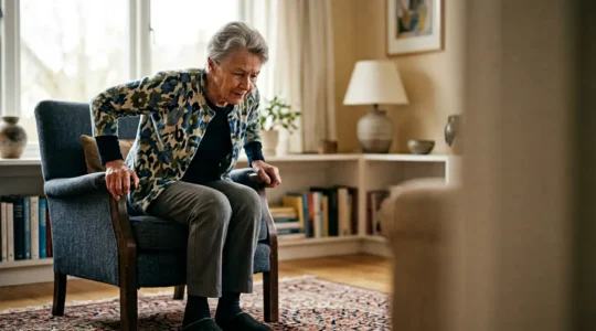 Senior adult experiencing difficulty rising from chair, depicting age-related muscle weakness and mobility challenges