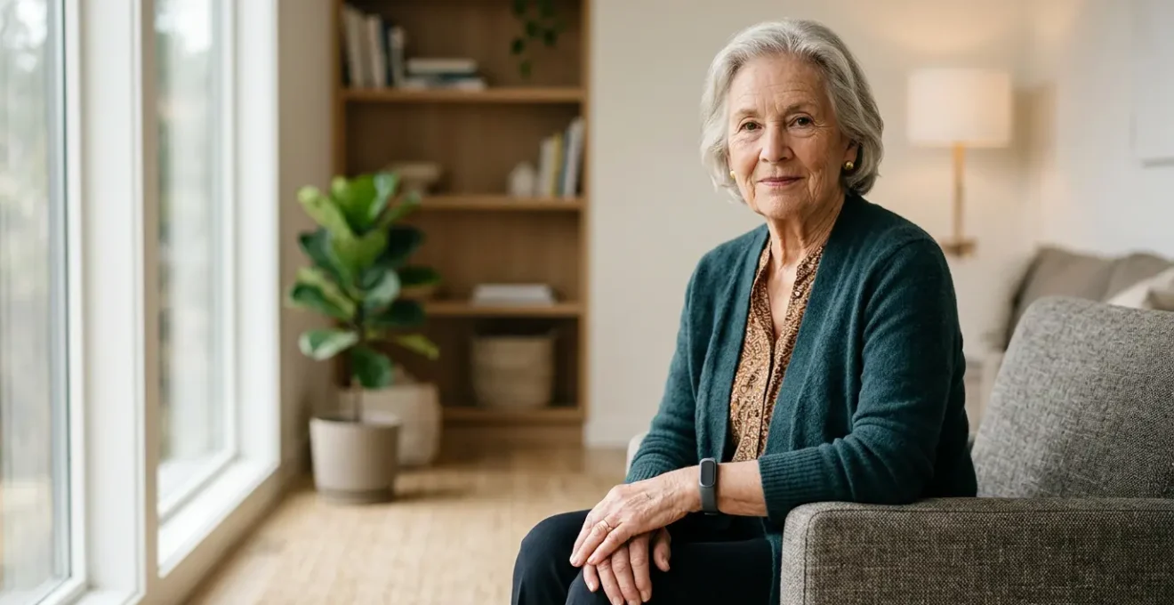 Senior wearing fall detection device in modern home environment highlighting technology reliability concerns