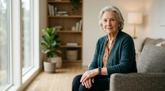 Senior wearing fall detection device in modern home environment highlighting technology reliability concerns