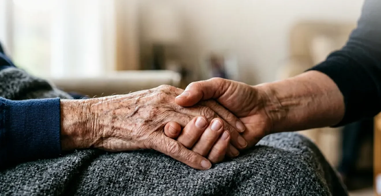 A caregiver's hands gently holding the weathered hands of an elderly person, symbolizing the emotional weight and compassion of family caregiving