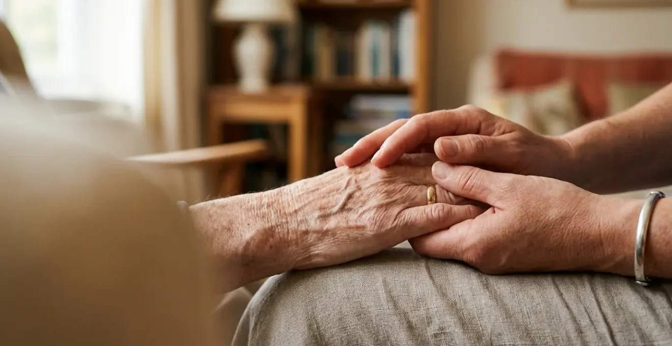 Close-up of senior hands gently held by caregiver hands in warm natural light