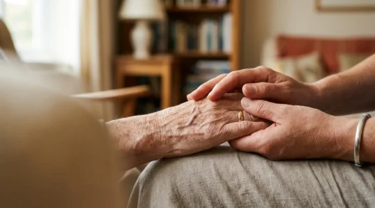 Close-up of senior hands gently held by caregiver hands in warm natural light