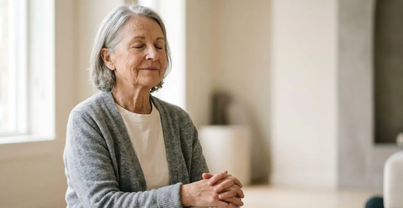 Elderly person experiencing calm relaxation technique in natural healthcare setting