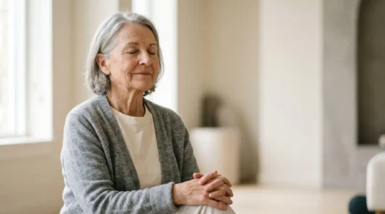 Elderly person experiencing calm relaxation technique in natural healthcare setting
