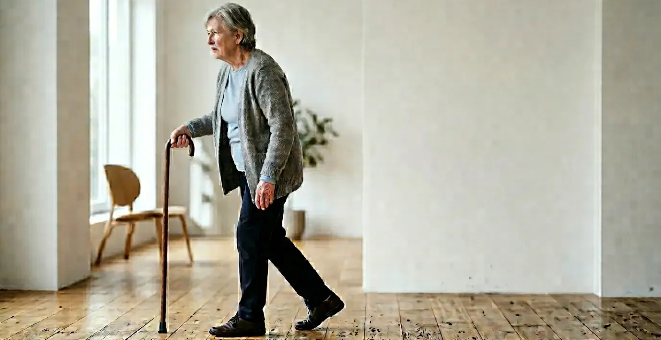 Person demonstrating the postural impact of incorrect cane height affecting overall stability and appearance