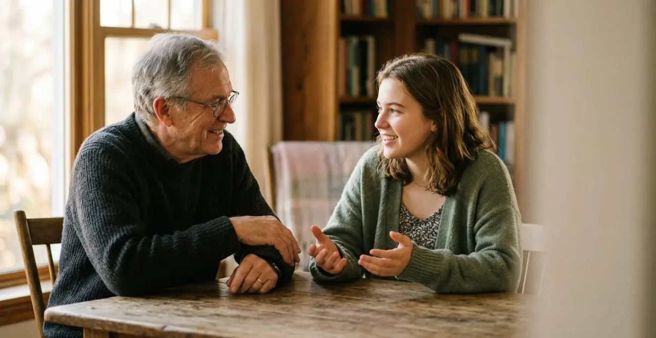 Senior adult engaged in meaningful conversation with young person in warm natural light setting