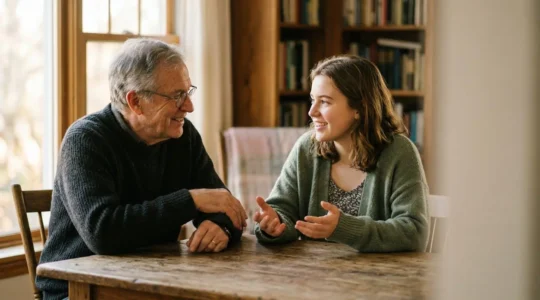 Senior adult engaged in meaningful conversation with young person in warm natural light setting