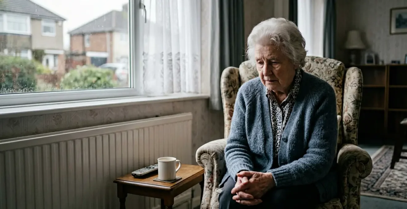 Elderly person sitting alone by a window in a quiet UK home, conveying the profound isolation affecting UK pensioners