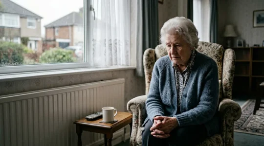 Elderly person sitting alone by a window in a quiet UK home, conveying the profound isolation affecting UK pensioners