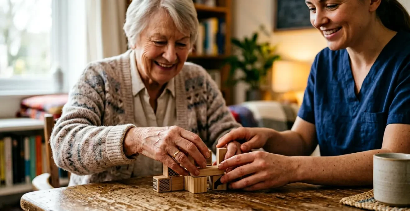 Occupational therapist working with senior client in home environment assessing daily living capabilities