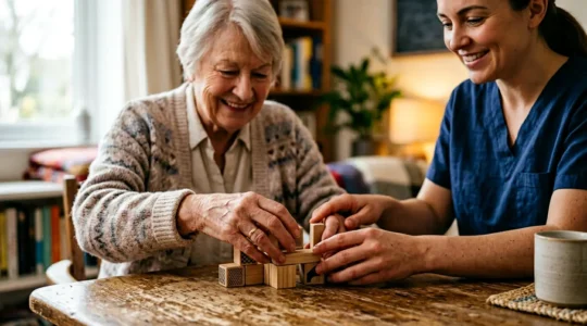 Occupational therapist working with senior client in home environment assessing daily living capabilities