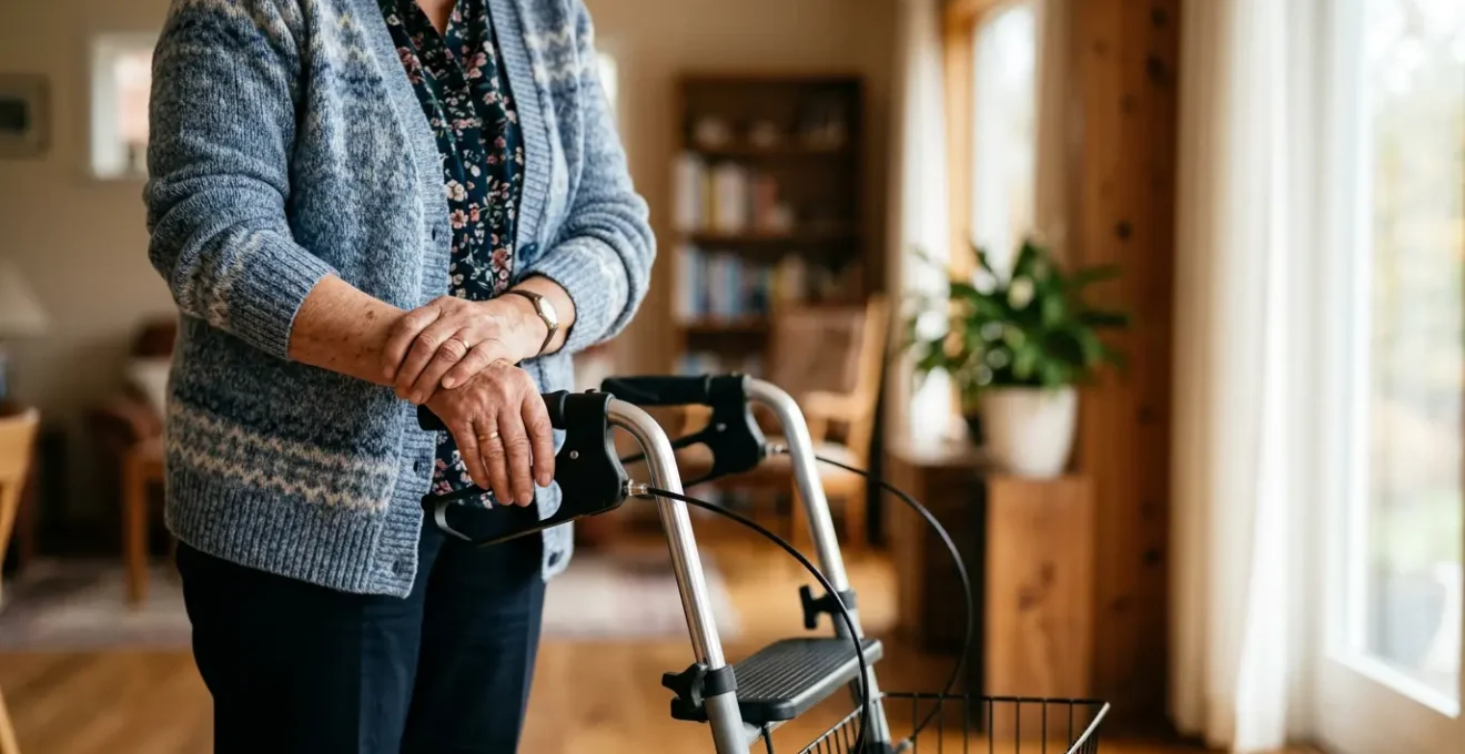 Senior person checking the proper handle height adjustment on their rollator walker for optimal posture and mobility