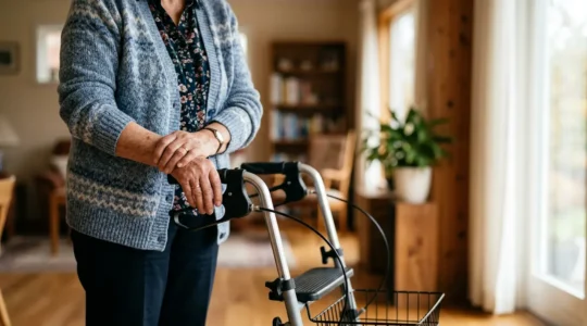 Senior person checking the proper handle height adjustment on their rollator walker for optimal posture and mobility