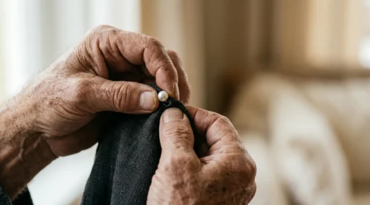 Close-up of elderly hands struggling with small clothing buttons, symbolizing daily living challenges