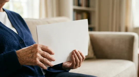Senior patient reviewing written care plan with healthcare provider in natural home setting