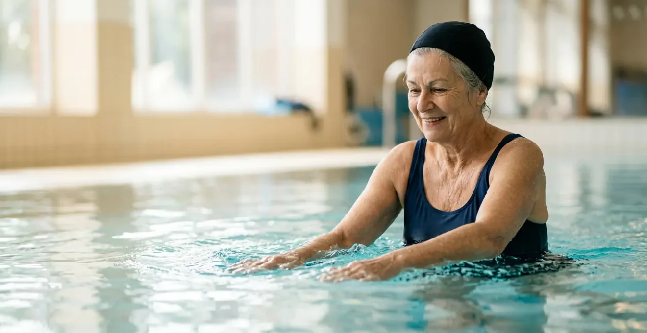 Senior adult performing gentle water exercises in a warm therapeutic pool with natural lighting