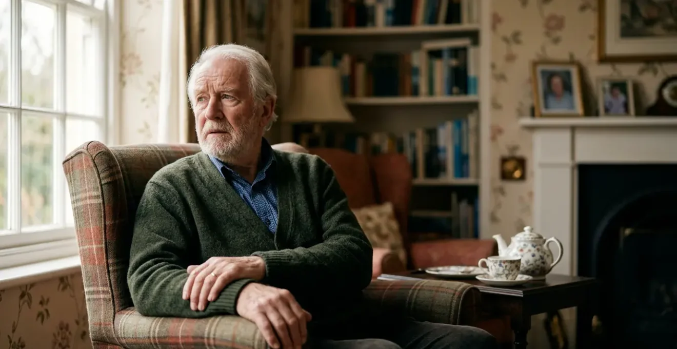 Elderly UK resident reflecting on subtle health changes while sitting in familiar British home environment