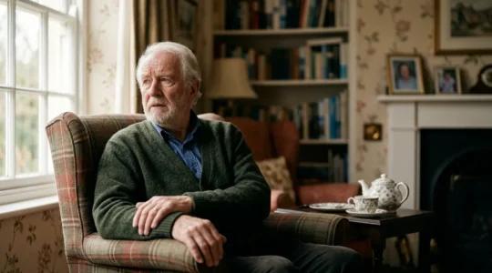 Elderly UK resident reflecting on subtle health changes while sitting in familiar British home environment