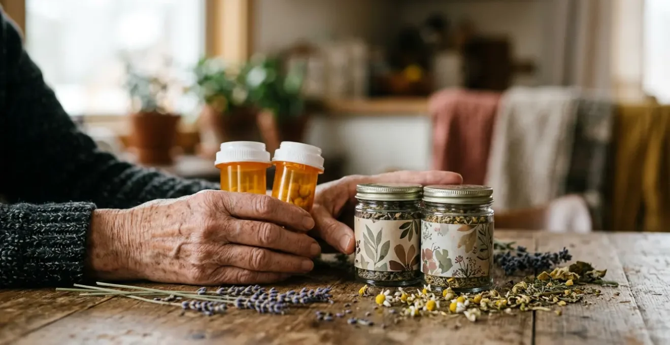 Close-up of senior hands holding prescription bottles alongside herbal supplement containers in soft natural light