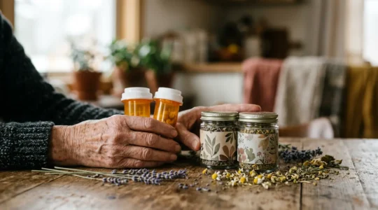 Close-up of senior hands holding prescription bottles alongside herbal supplement containers in soft natural light