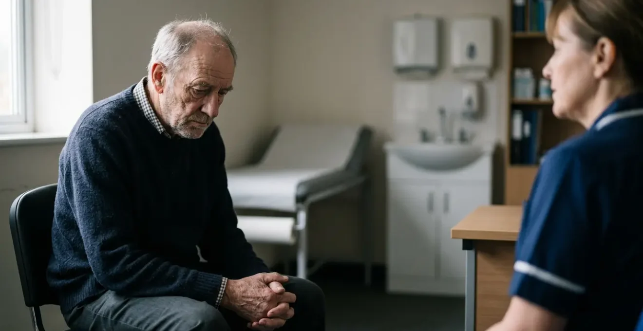 Thoughtful elderly person during a healthcare consultation, representing the challenge of underdiagnosed depression in UK seniors