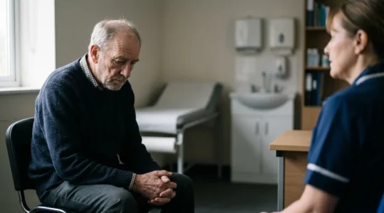 Thoughtful elderly person during a healthcare consultation, representing the challenge of underdiagnosed depression in UK seniors