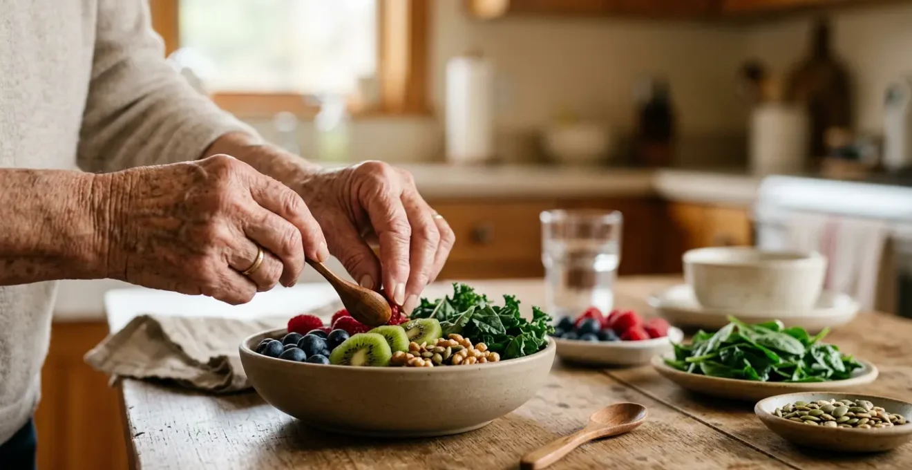 Elderly hands arranging nutrient-dense foods on a simple wooden table representing careful meal planning
