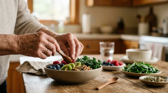 Elderly hands arranging nutrient-dense foods on a simple wooden table representing careful meal planning
