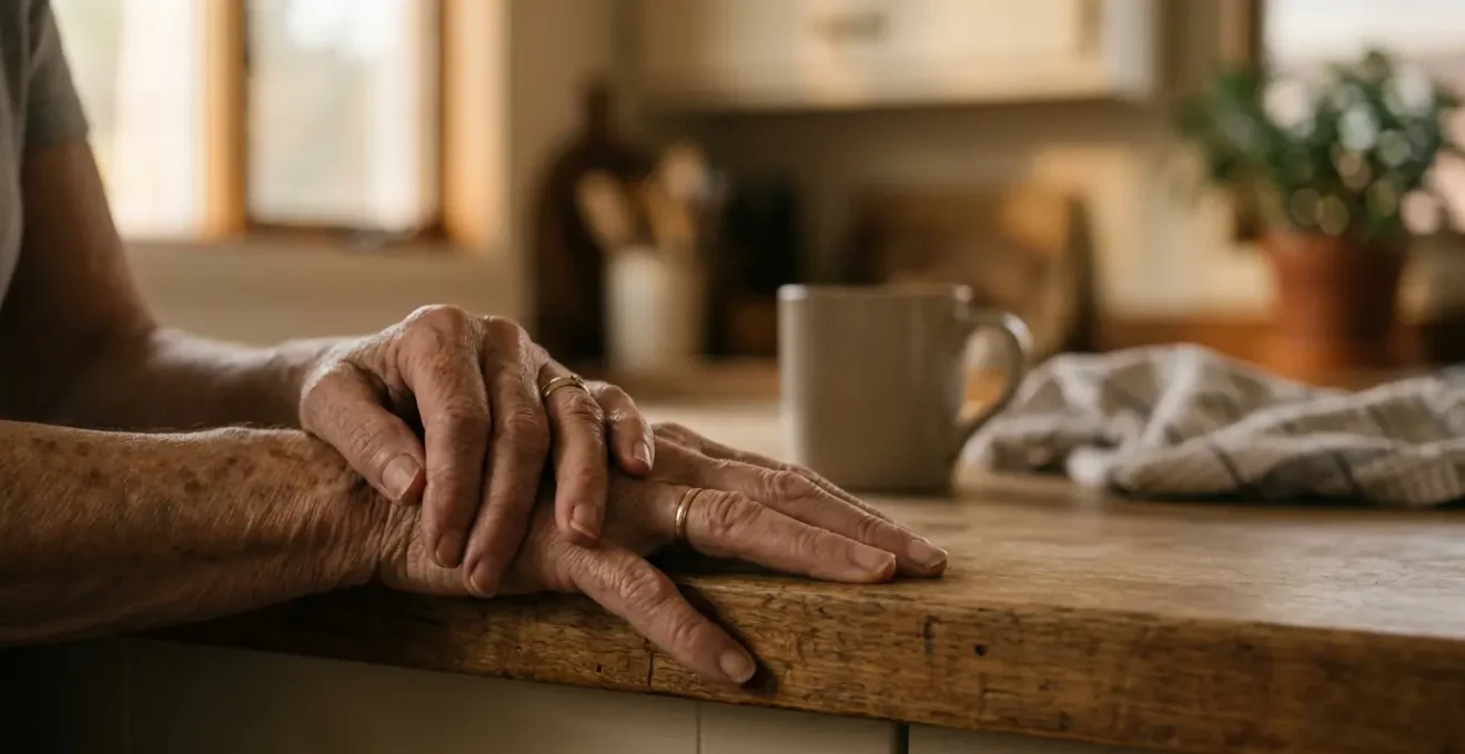 A senior's hands gently resting near an empty kitchen counter, symbolizing the loss of cooking ability and its impact on nutritional health