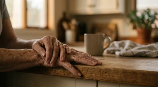 A senior's hands gently resting near an empty kitchen counter, symbolizing the loss of cooking ability and its impact on nutritional health