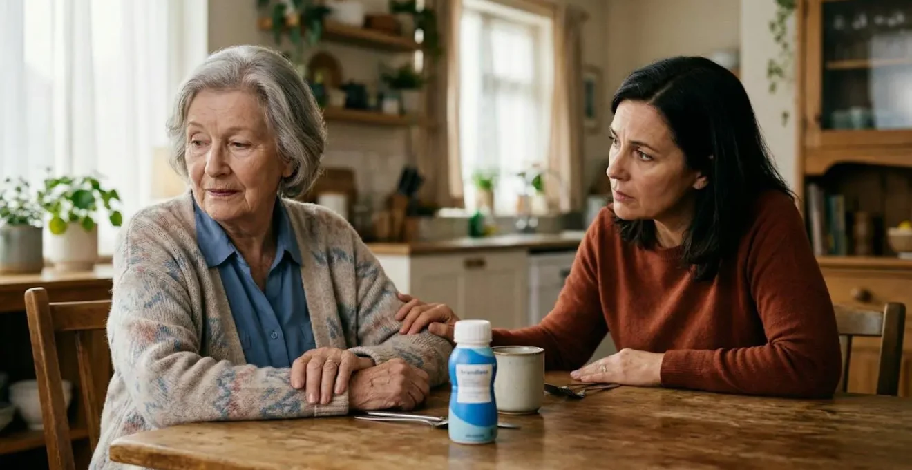 Elderly person looking away from nutritional supplement bottle with concerned caregiver nearby