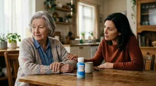 Elderly person looking away from nutritional supplement bottle with concerned caregiver nearby