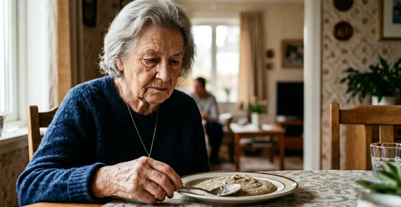 Senior person showing reluctance towards an unappetizing pureed meal presentation