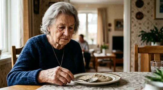 Senior person showing reluctance towards an unappetizing pureed meal presentation