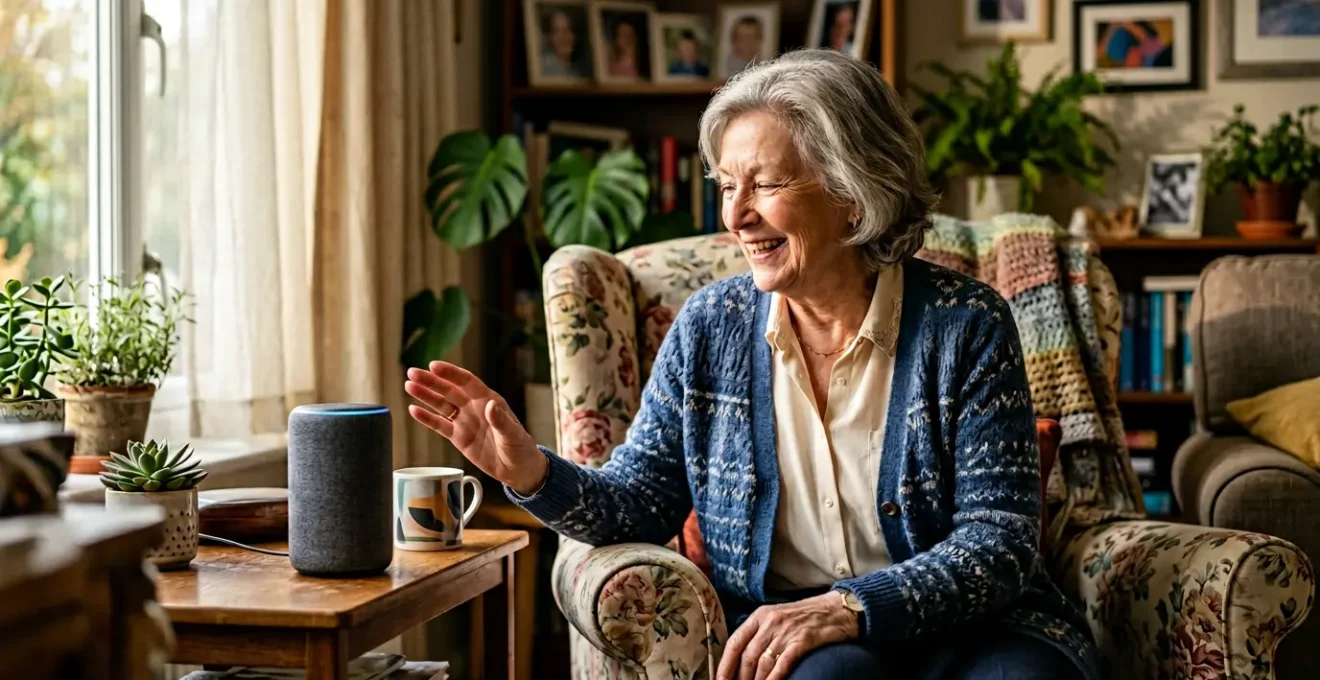 Elderly person interacting naturally with smart home technology in a warm, comfortable living space